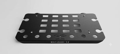A Black Ferro Grain powder coated alluminium with a grid of rectangular cutouts and circular holes, featuring the text 'BOSBAR XL' and a small emblem in the center, shown on a light gray background.