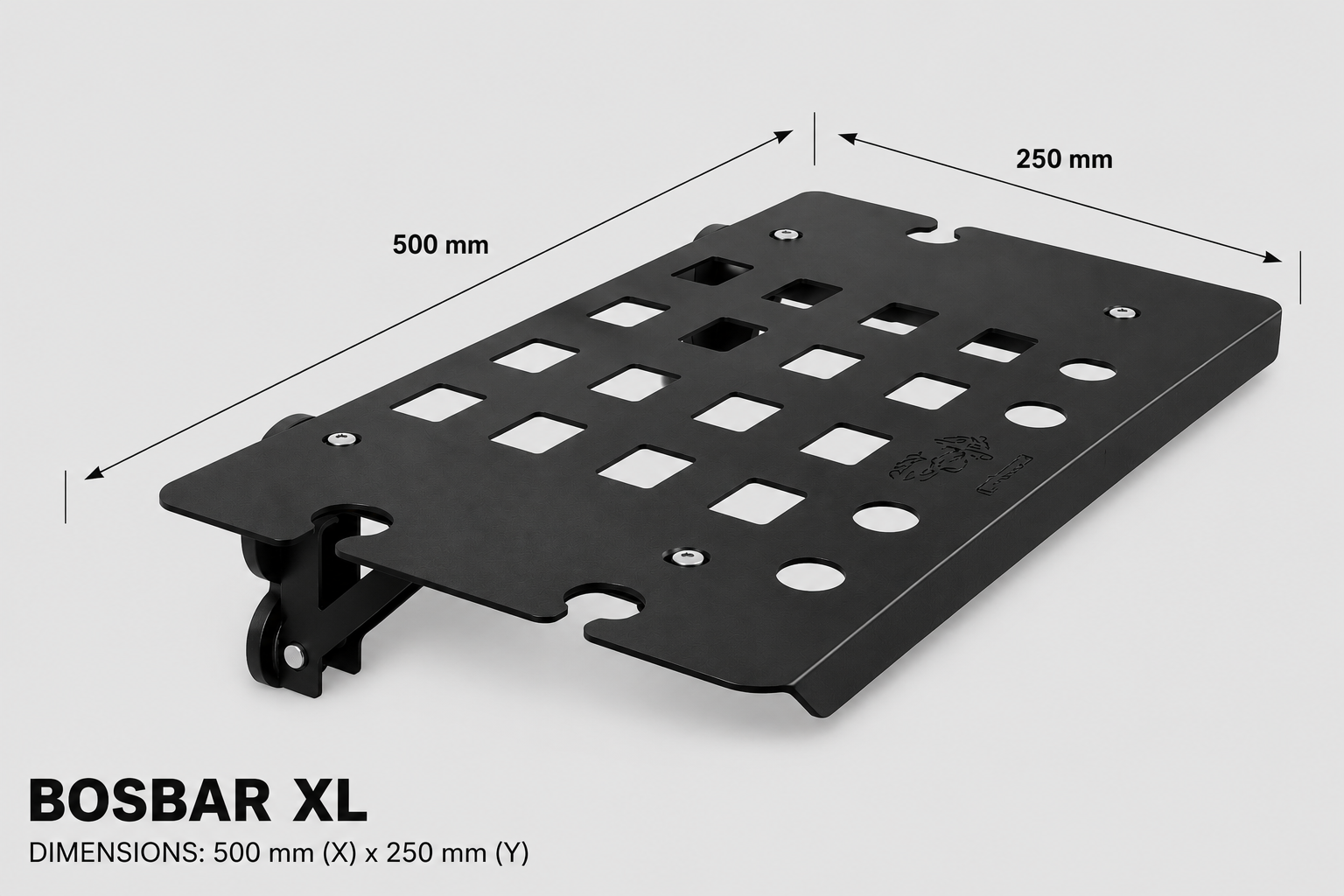 Black Ferro Grain powder coated alluminium BOSBAR XL magnetic shelf shown on a light gray background with dimension lines indicating 500 mm by 250 mm, plus text reading 'BOSBAR XL' and 'DIMENSIONS: 500 mm (X) x 250 mm (Y)'.