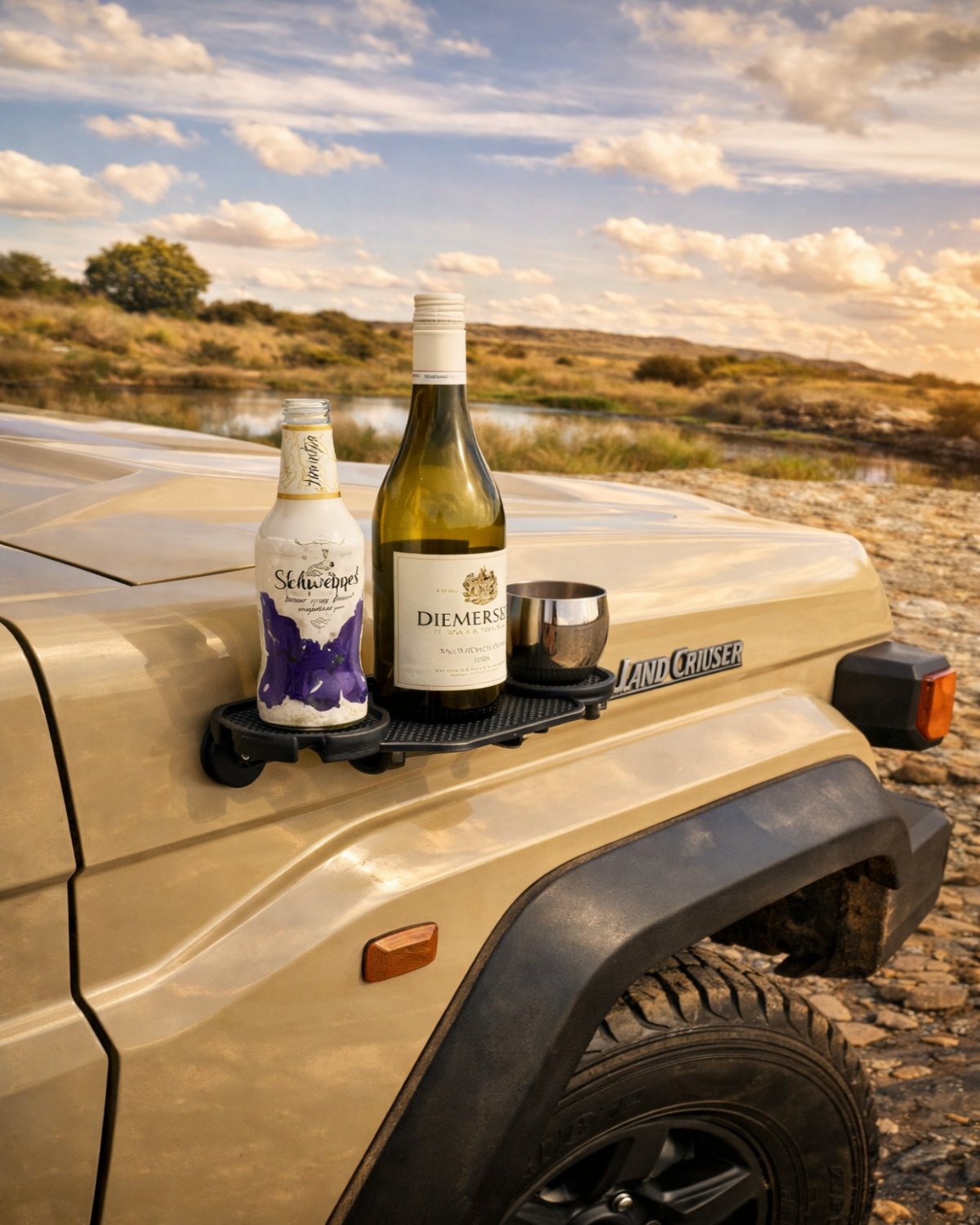 BOSBAR drink holder attached to off-road vehicle with beverages.